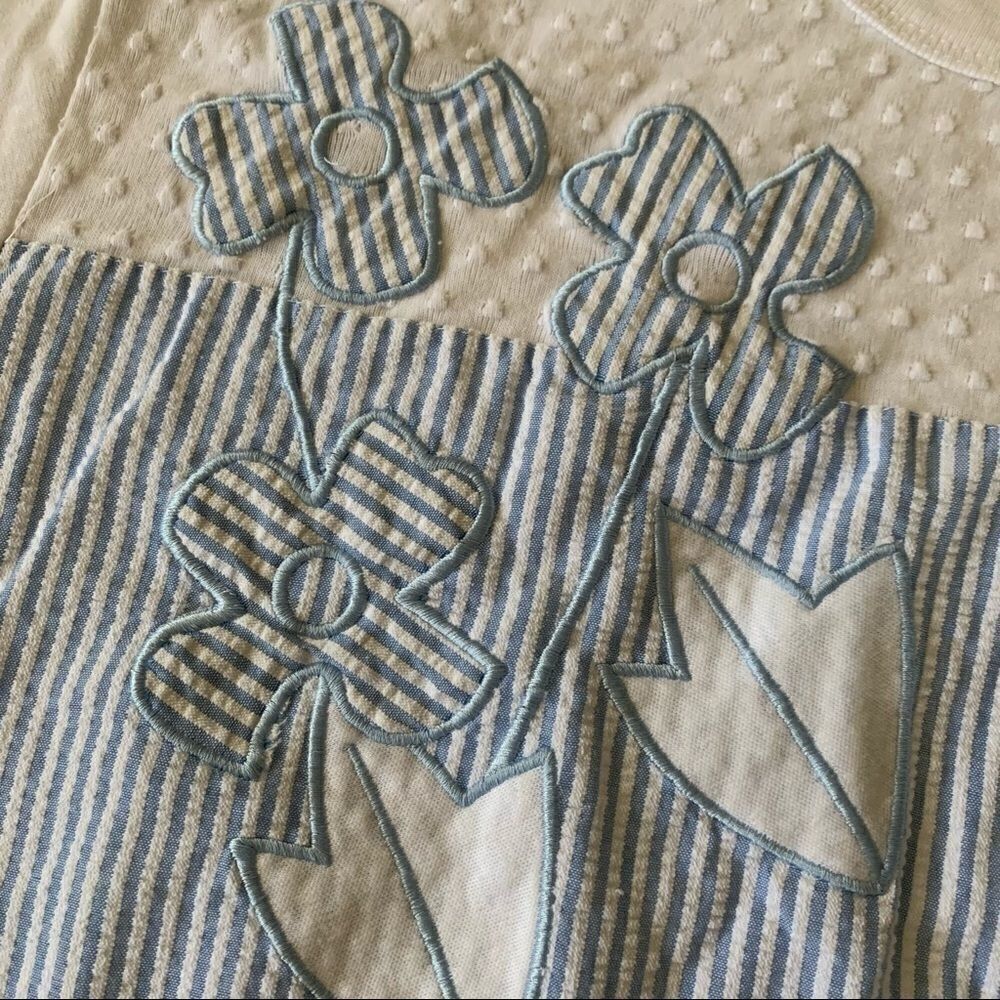 Vintage 1970s D.K. Gold Seersucker Patchwork Top – Blue & White – Size PM - Picture 4 of 11